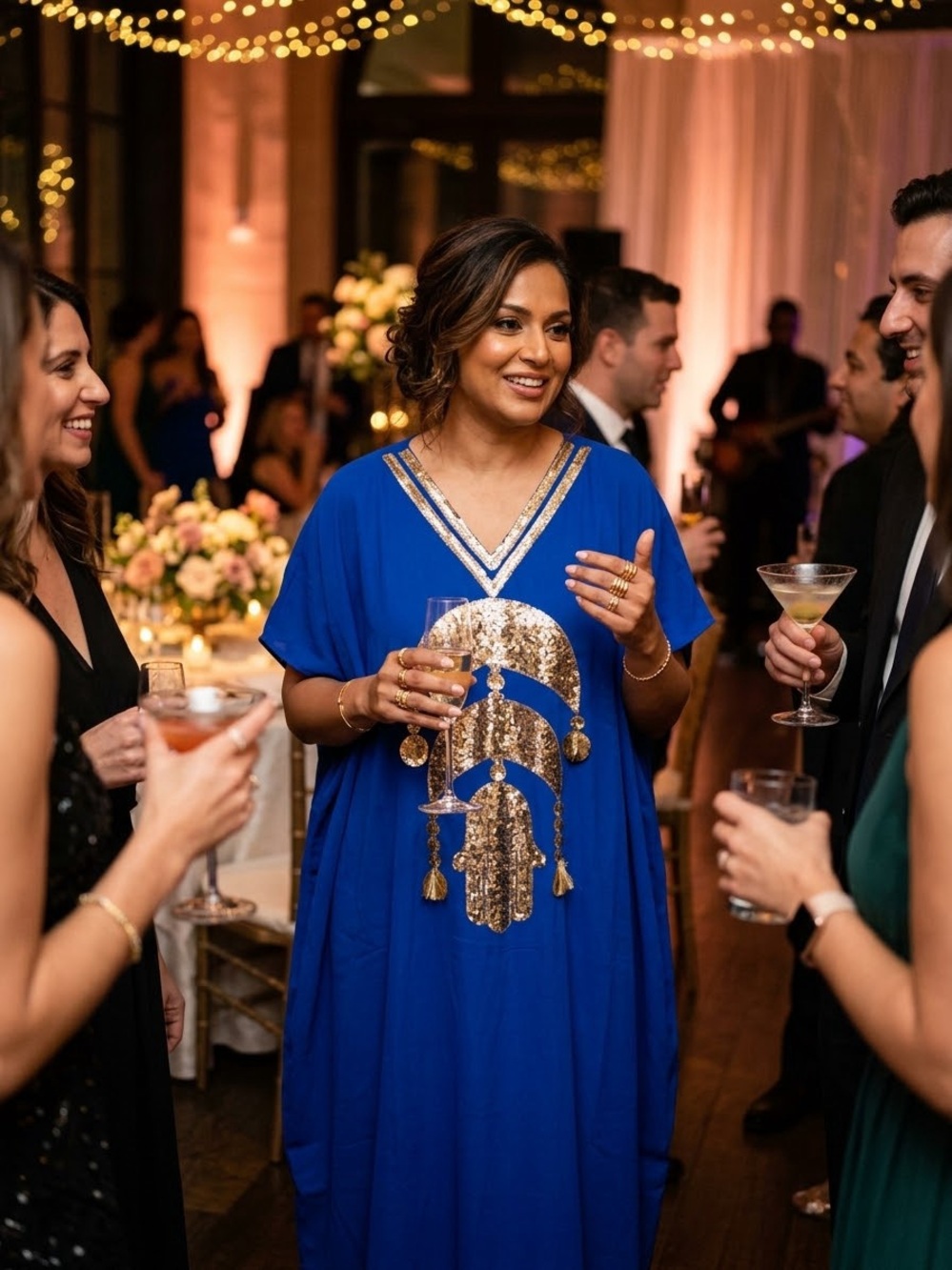 Embellished Royal Blue Kaftan Dress with Gold Sequin Motif